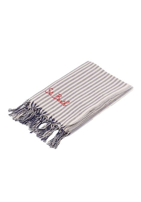 Telo mare donna Foutas Light MC2 Saint Barth 01240H Blu stripes frange logo stampa MC2 SAINT BARTH | Teli mare | FOUTASLIGHTN01240H61